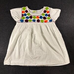 Olive Embroidered Peasant Top Womens Medium White Floral Boho Festival Shirt